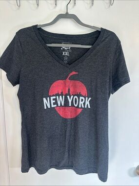 New York V-Neck Graphic Tee - Charcoal with Red Print